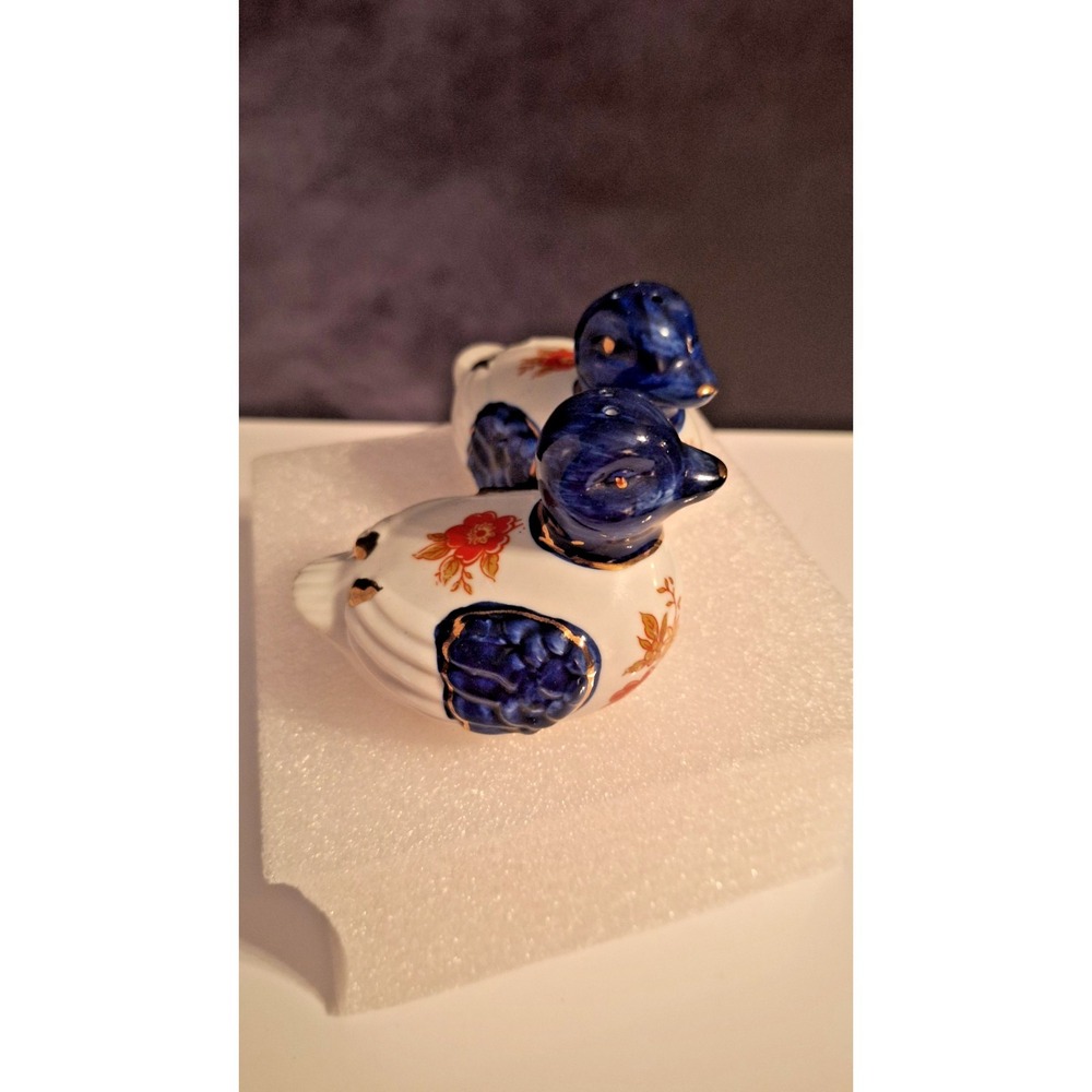 Vintage Blue & White/Gold Porcelain Ducks Salt & Pepper Shakers